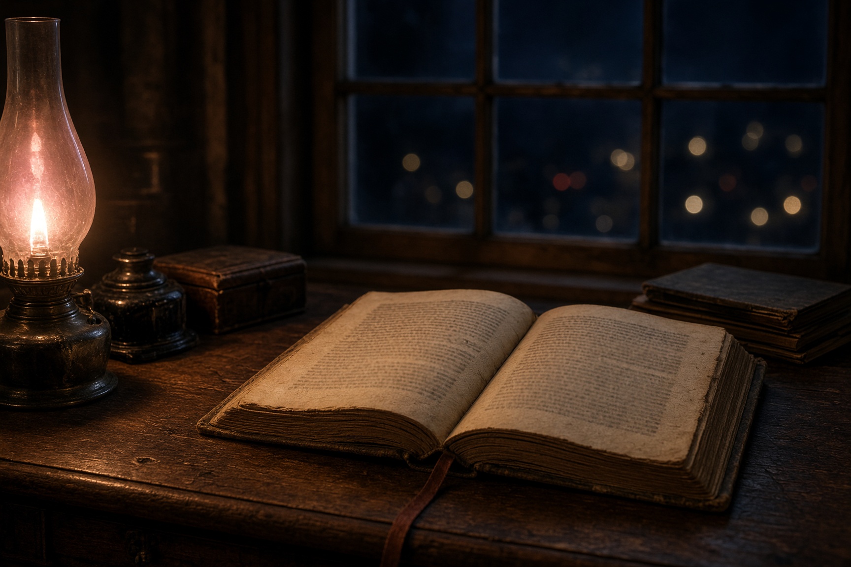An open nineteenth-century book by a lamp in a dark room. Made for this page. It is not a photograph of Marie Corelli’s 1886 edition.