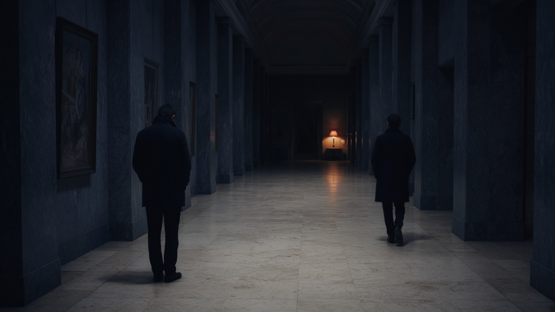 Two people seen from behind in a long midnight-blue hall, far apart, one warm lamp between them in the distance. An image made for this page, not a photograph of a known pair.