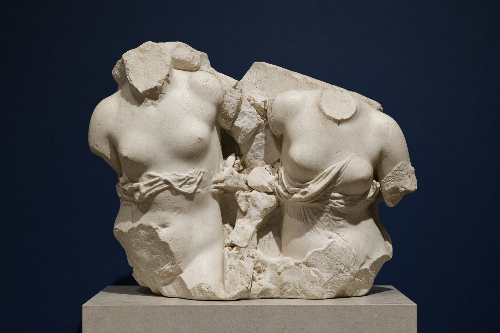 A broken marble of two headless figures emerging from one stone, on a plinth against a deep blue wall. Made for this page. Not an ancient object and not a museum record.