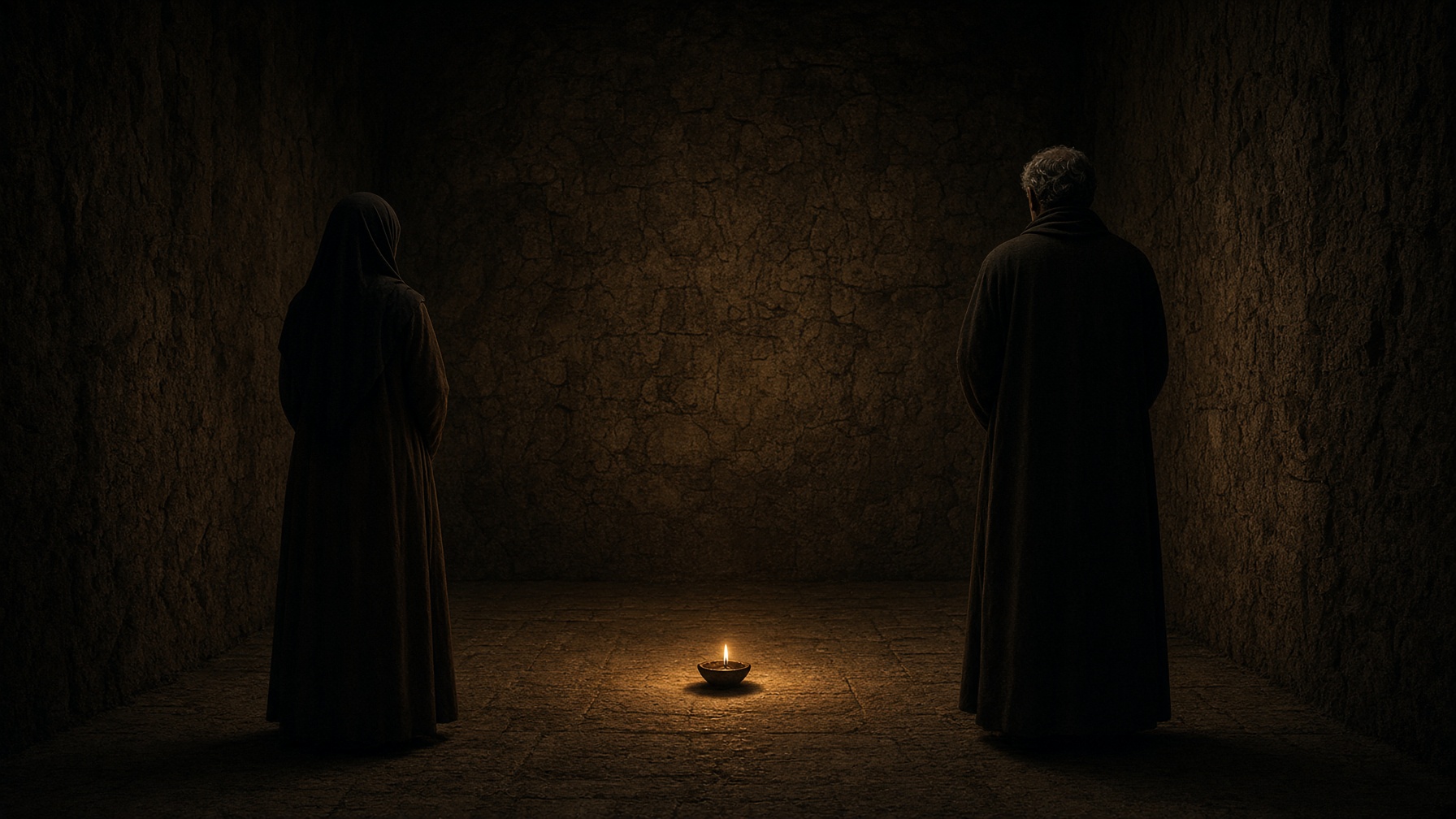 Two people seen from behind in a dark stone room, standing apart, one small lamp between them. Made for this page. Not a portrait and not a record of the meeting.