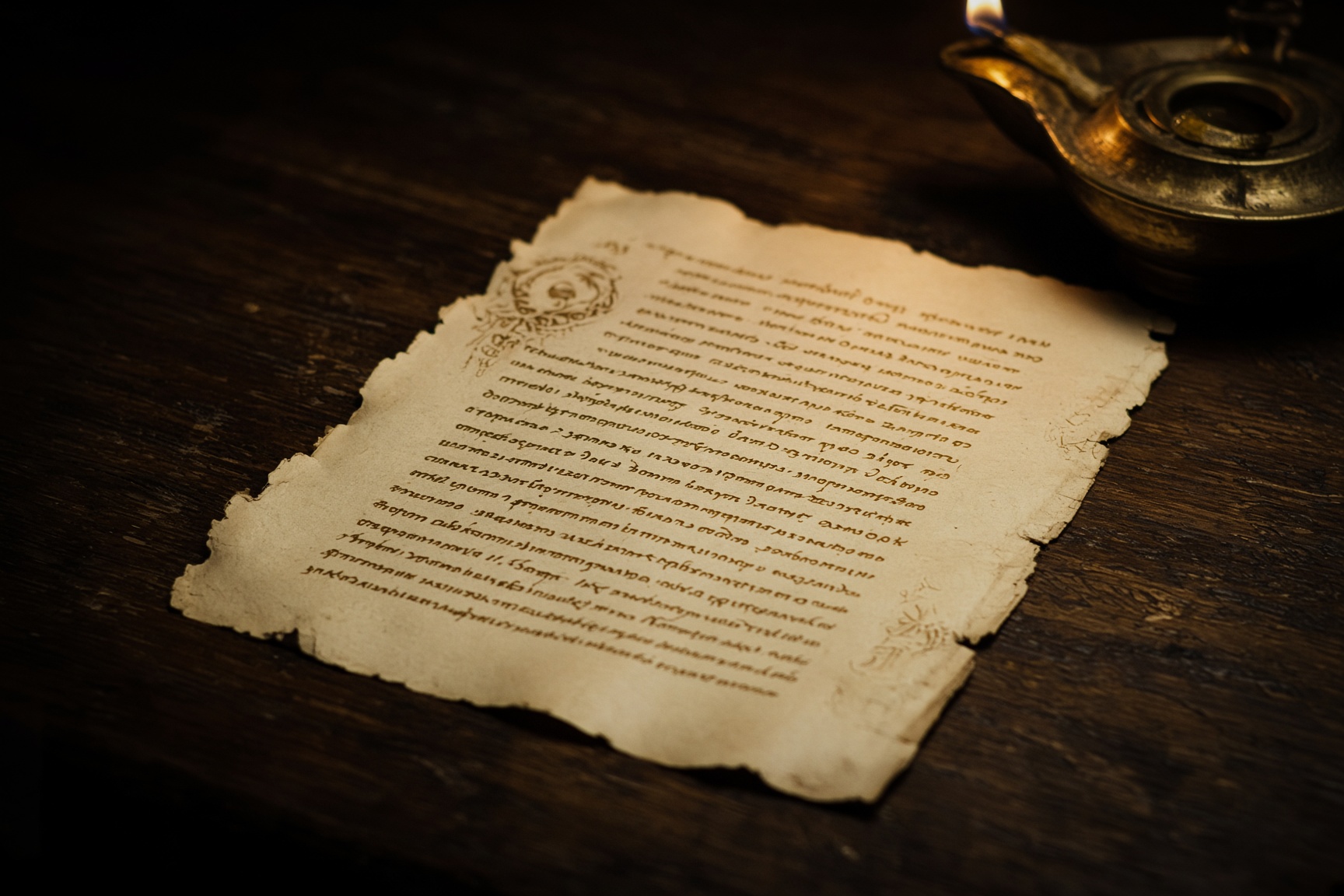 A lamp-lit sheet of invented writing on a dark desk. Made for this page. The marks are not a real manuscript and cannot be read as one.
