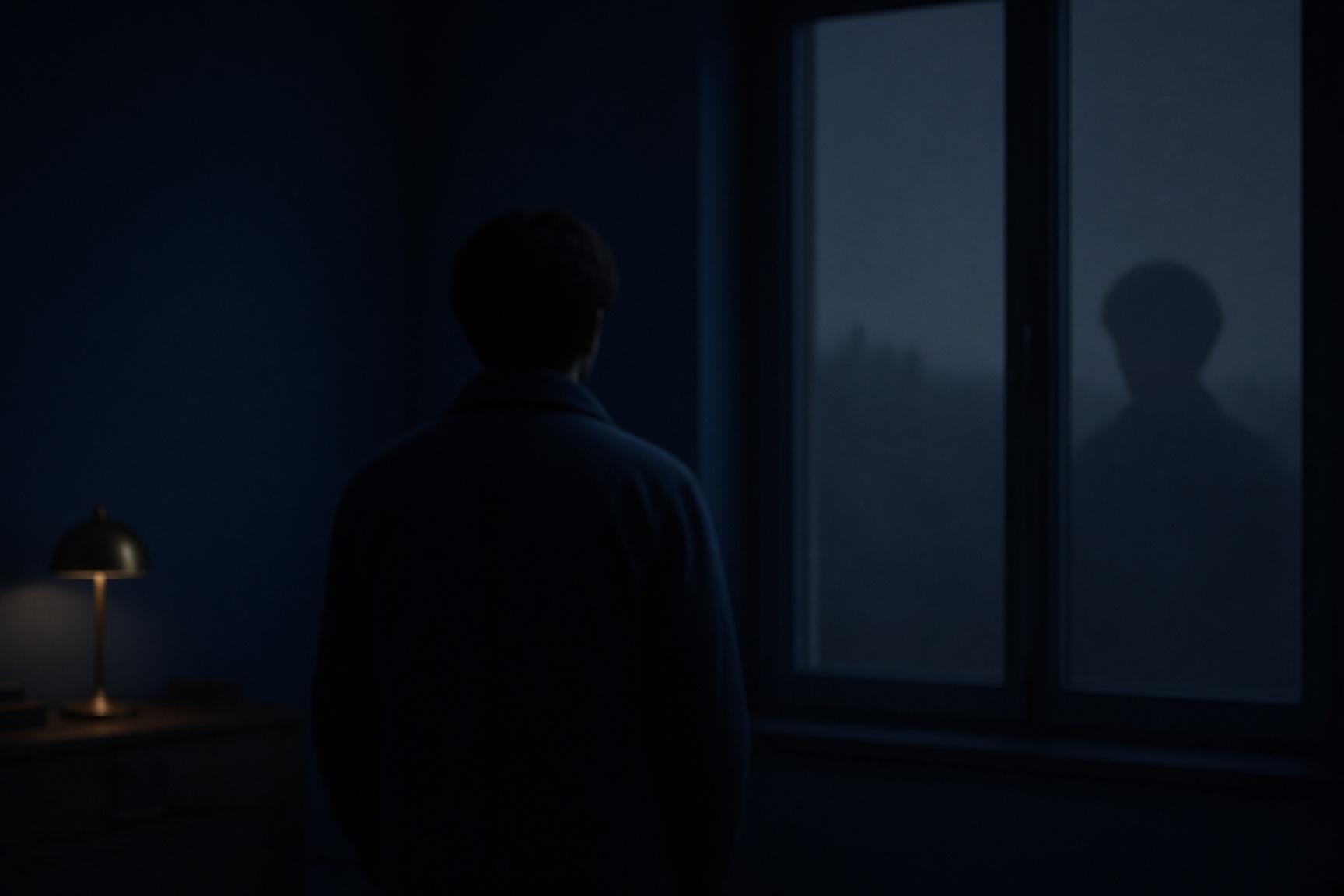 A person seen from behind in a dark room, facing a window that holds only a faint silhouette. Made for this page. The face is not shown.